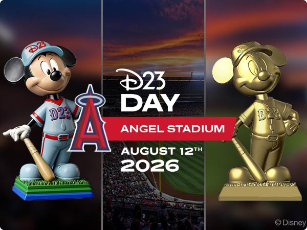 D23 Day at Angel Stadium featuring Mickey Mouse in an Angles baseball uniform with a matching golden Mickey statue, dated August 12, 2026.