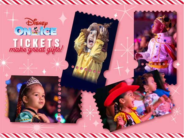 Collage of excited kids dressed as Disney Characters enjoying Disney On Ice, with the 'Tickets make great gifts!' message.