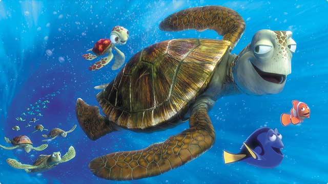 Crush and Squirt from Disney and Pixar's Finding Nemo swim through a bright blue ocean alongside clownfish Marlin and blue tang Dory, surrounded by a group of Sea turtles gliding behind them.