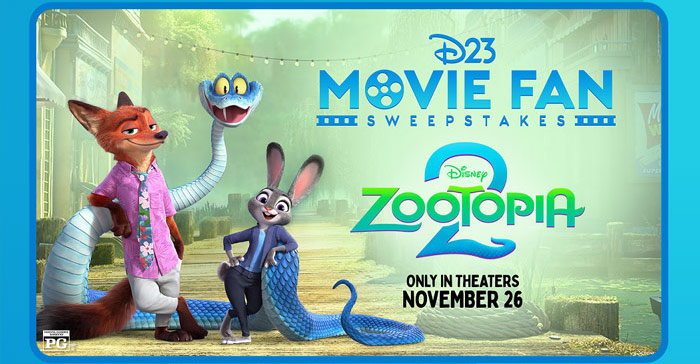 Nick, Judy and Gary De’Snake stand together beside the Zootopia 2 movie logo. Only in Theaters November 26th.