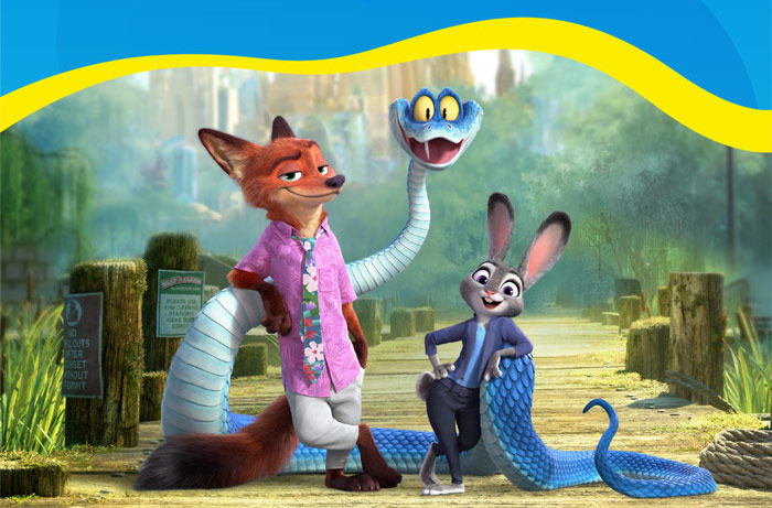 Nick Wilde, Judy Hopps, and Gary De'Snake pose together on a sunny dock for Zootopia 2.