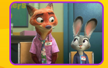 Nick and Judy sit- side-by-side in a classroom, wearing name tags.