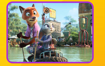 Judy and Nick paddle across the water on a makeshift boat, looking surprised.