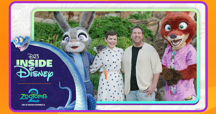 Judy and Nick's costumed characters pose with Ginnifer Goodwin and Jason Bateman for D23 Inside Disney.