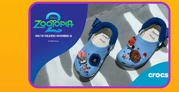 Blue crocs featuring Zootopia 2 charms of Judy, Nick, and others.