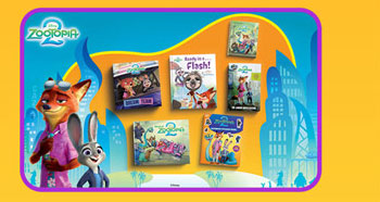 Display of Zootopia 2 books and merchandise with Nick and Judy on the side.