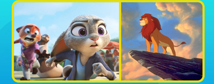 Split image of Judy running with Nick behind her, paired with Simba standing on Pride Rock.