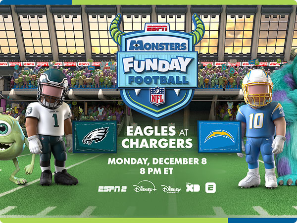 Monsters Funday Football promo featuring animated NFL players for the Eagles and Chargers beneath the event logo, with game details: Monday, December 8 at 8PM ET.