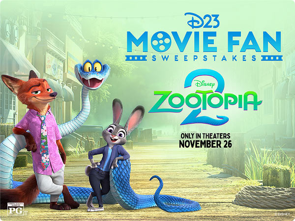 Nick Wilde, Judy Hopps and Gary De'Snake pose together for the D23 Movie Fan Sweepstakes for Disney's Zootopia 2, in theaters November 26.