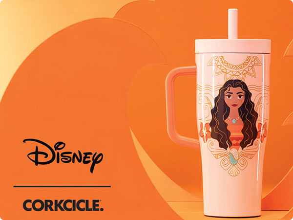 Disney X Corkcicle tumbler featuring stylized artwork of Moana against an orange background.