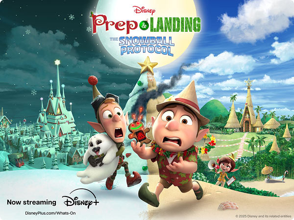 Prep & Landing elves sprinting with worried expressions - one holding a gingerbread cookie, the other carrying a snow creature-against a Snowy North Pole village scene.