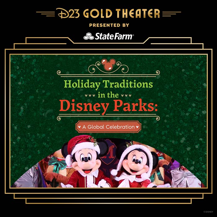 D23 Gold Theater Holiday Traditions in the Disney Parks artwork presented by State Farm, featuring Mickey and Minnie in holiday outfits.