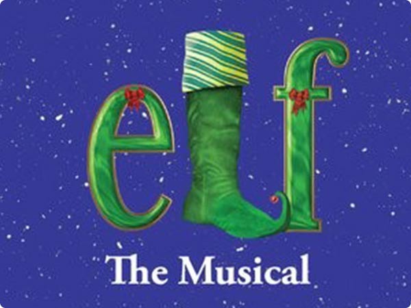 Elf the Musical title artwork with stylized green lettering on a snowy blue background.