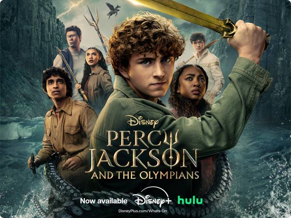 Percy Jackson and the Olympians cast key art with Percy holding a glowing sword, now available on Disney+ and Hulu.
