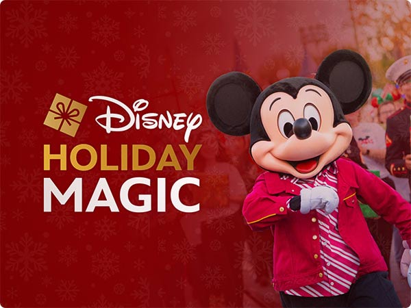 Disney Holiday Magic artwork featuring Mickey Mouse in a red holiday outfit.