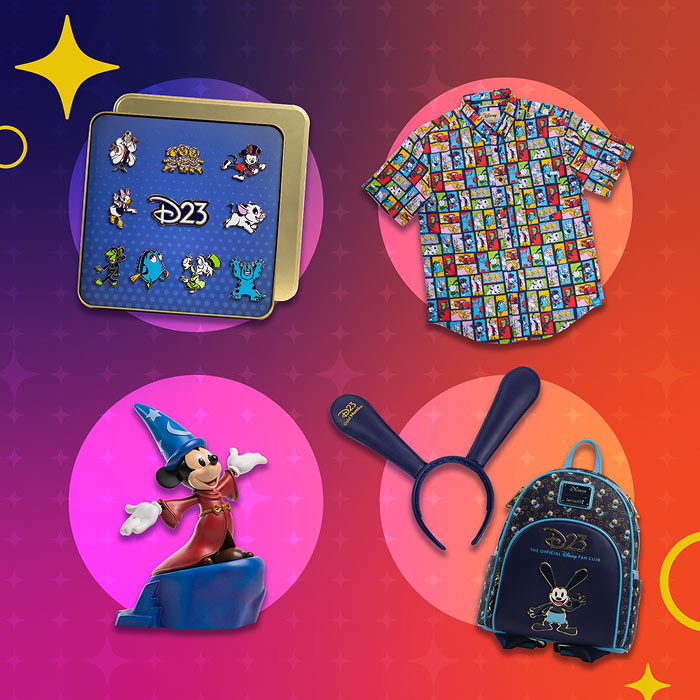 D23 merchandise including character pins, patterned button-down shirt, Sorcerer Mickey figure, D23 ears, and min backpack.
