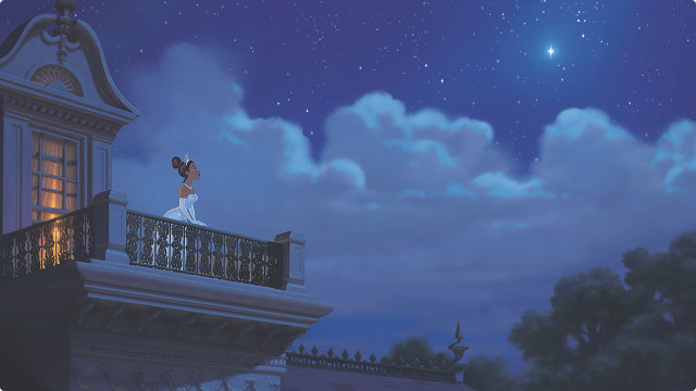 Princess Tiana looks to the night sky from a balcony in The Princess and the Frog.