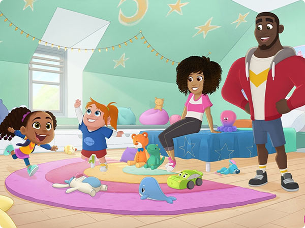 A still from the new Disney Jr. series Hey A.J.!, featuring (left to right) A.J., her stuffed bunny sidekick Theo, Jessie, Siggi, and Marty, as they're gathered in A.J.'s bedroom.