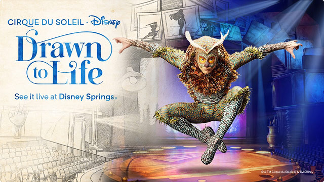 Cirque du Soleil Disney's Drawn to Life performer mid-air onstage, see it live at Disney Springs.