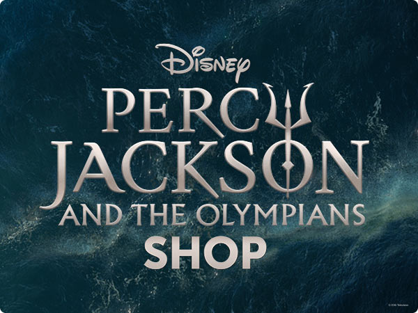 Disney Percy Jackson and the Olympians Shop title over ocean-themed background.