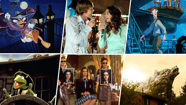 Montage featuring Ducktales animation, High School Musical performance, Atlantis animation, Kermit The Frog, The Princess Diary scene, and Disney's  Grizzly River Rapids at Disney California Adventure.