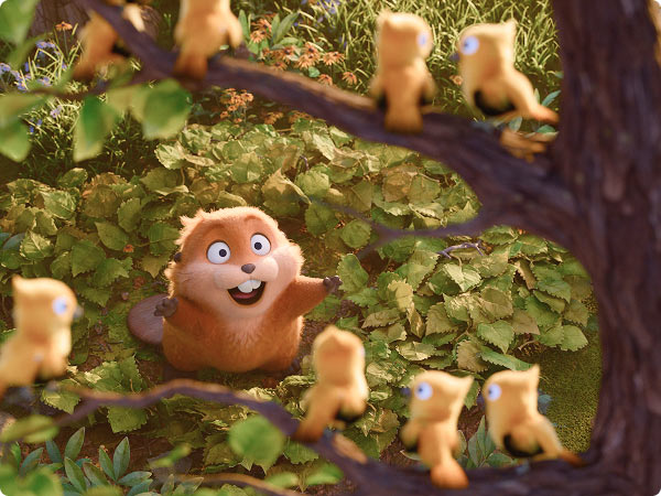 Animated beaver (Mabel) from Hoppers smiling up at a group of small yellow woodland animals perched on tree branches in a lush forest.