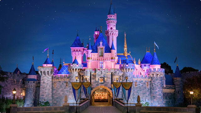 Sleeping beauty castle illuminated in pink and blue at night under a starry sky.