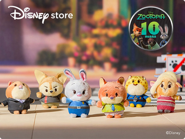 Disney store - Zootopia 10 Years plush collection featuring Nick Wilde, Judy Hopps, and other characters.
